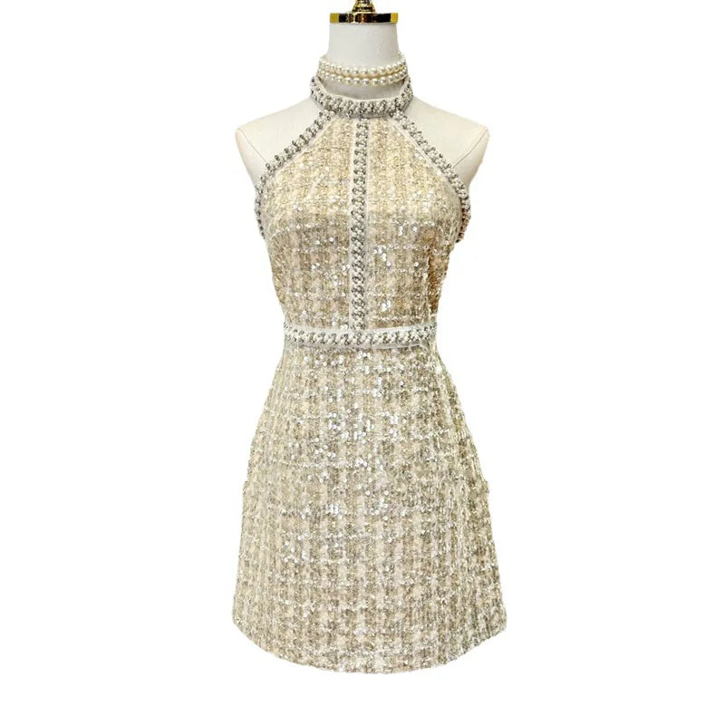 Trendy Small Fragrant Tweed Sleeveless Mini Dress luxurious Elegant Women Pearl Beading Sequin Halter Evening Dresses Summer New