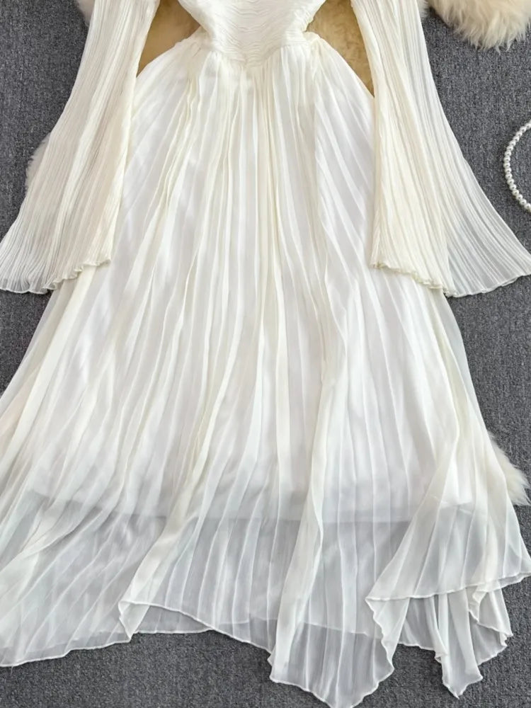 Autumn Solid Pleated Long Dresses for Women Halter V-Neck Flare Sleeve Wedding Party Dress Korean Fashion One Piece Vestidos New