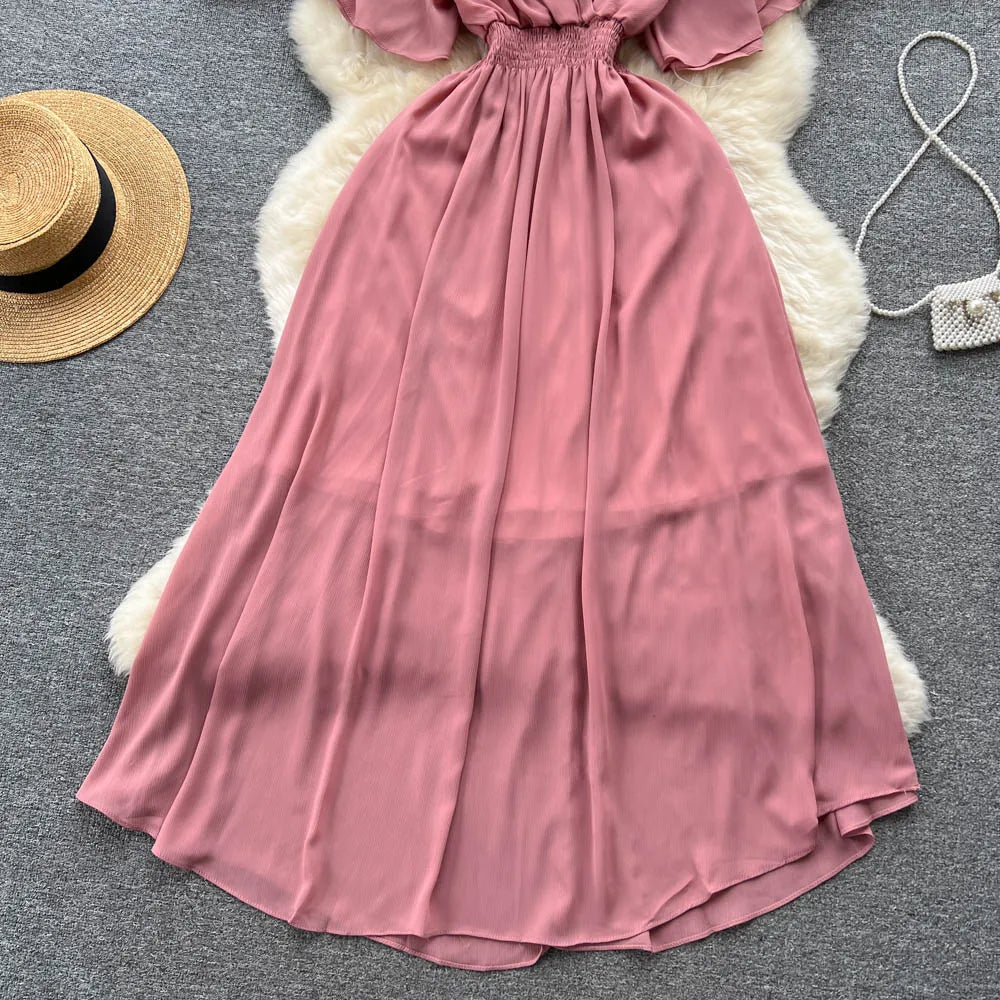 Vintage Elegant V-neck chiffon Dress A-line Fashion Beach Spring Summer Vestidos Women Bandage Sweet dresses
