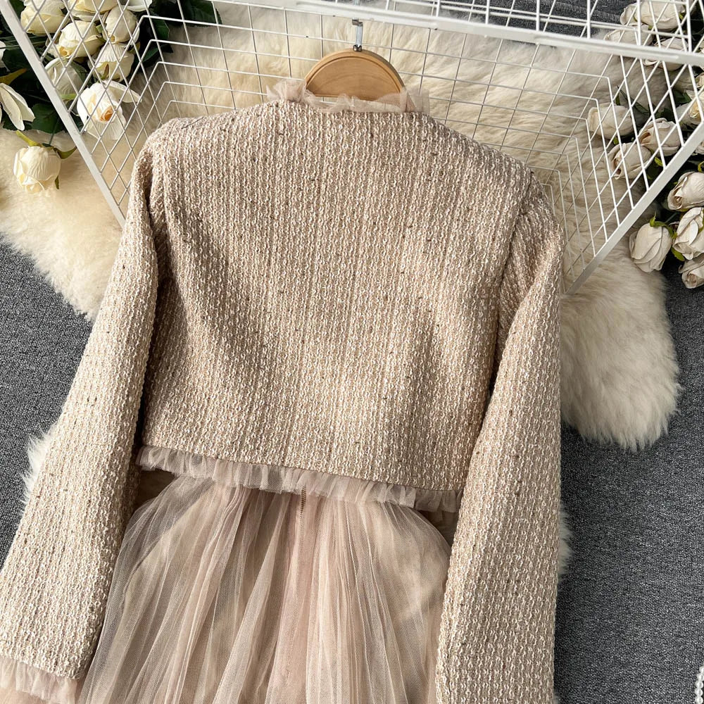 Elegant Small Fragrance Two-Piece for Women's Strap Mesh Midi Dress+Short Thick Tweed Jacket for Women's Spring and Autumn Set