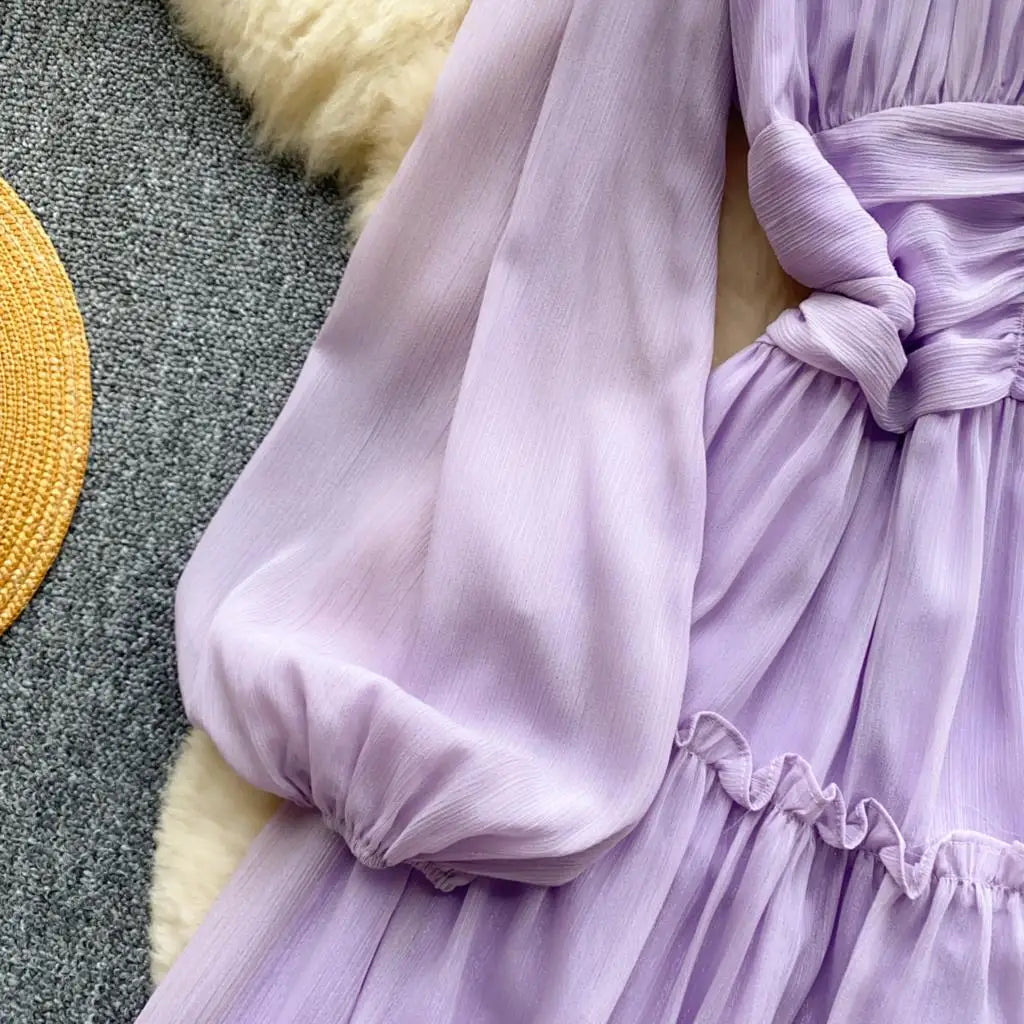 Elegant Tassel Beaded Lantern Sleeve Midi Dress Women French Stand Collar Slim A-Line Pleated Female One Piece Casual Mujer New