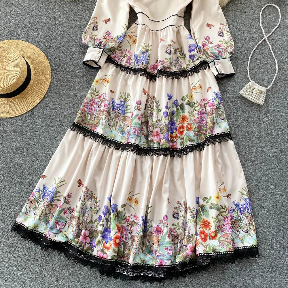 Vintage Elegant Long Dress Women Slim Floral Printed Party Dresses Tie Bow Elastic Waist Lantern Long Sleeve Long Robe Vestidos