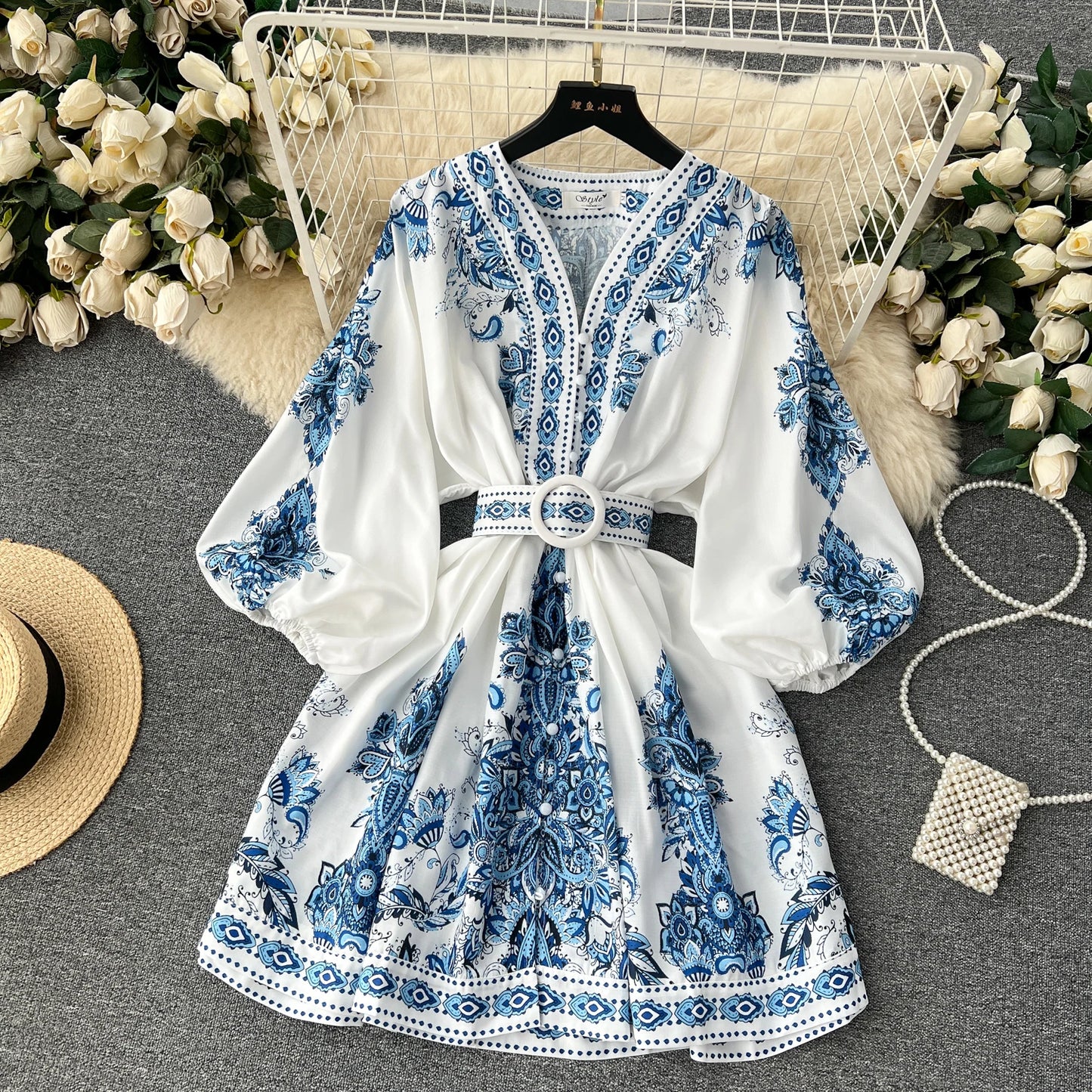 Vintage Print Elegant V-eck Single Breasted Lantern Long Sleeve Dress A-line Casual Women Fashion Summer Spring Vestidos