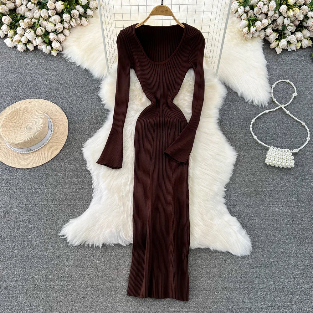 Women Chic Elegant Long Sleeve Bodycon Vneck Dress Sexy French Fashion Knit Wrap Vestidos Elastic Slim Pencil Sweater Dress