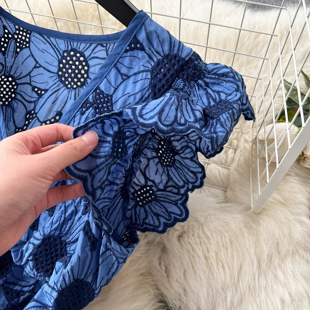 Short Dresses 2023 Women Ruffle Hem Vintage Daisy Embroidery Dress V Neck Drawstring Tie Ruffled Sleeve Vacation Summer Dress
