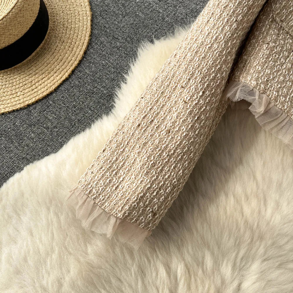Elegant Small Fragrance Two-Piece for Women's Strap Mesh Midi Dress+Short Thick Tweed Jacket for Women's Spring and Autumn Set
