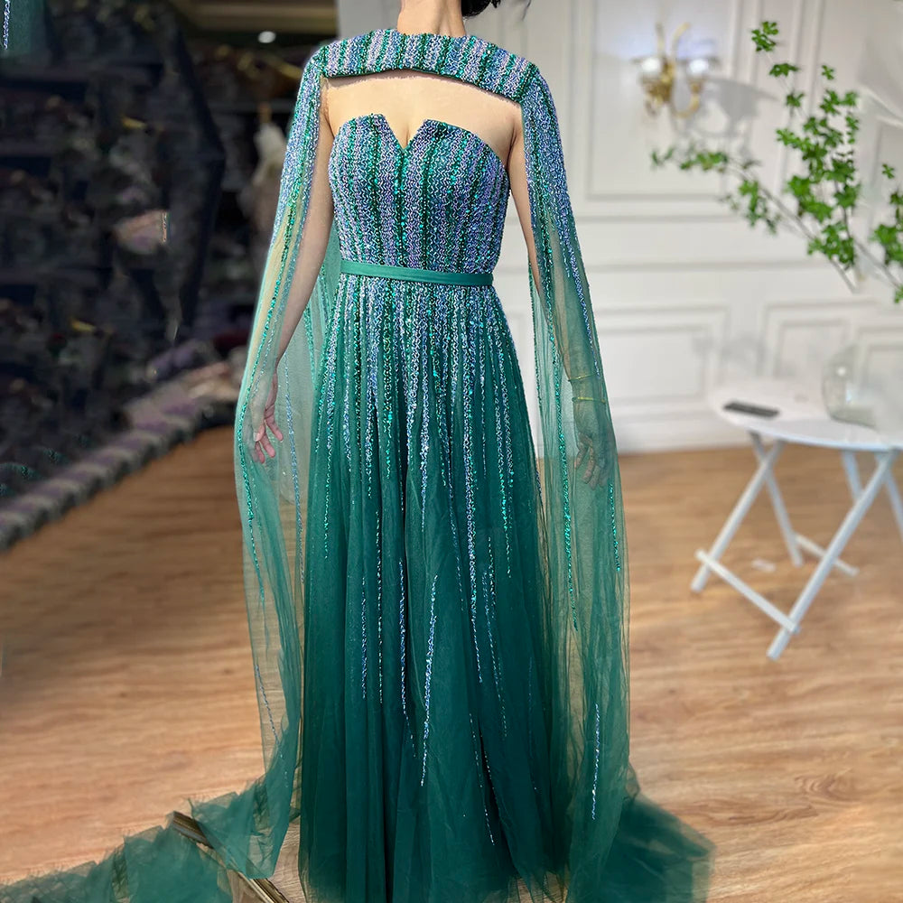 Arabic Green Cape Sleeves A Line Beaded Evening Dresses Long 2023 Celebrity Gowns For Woman Wedding Party BLA71912 Serene Hill