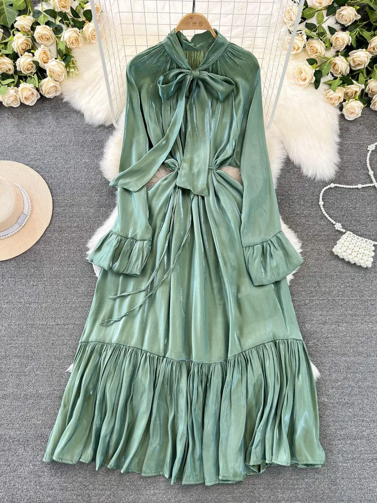 Elegant and Chic Solid Evening Dresses for Women Fashion New Bow Lace Up Flare Long Sleeve A-Line Vestidos Autumn Female Clothes