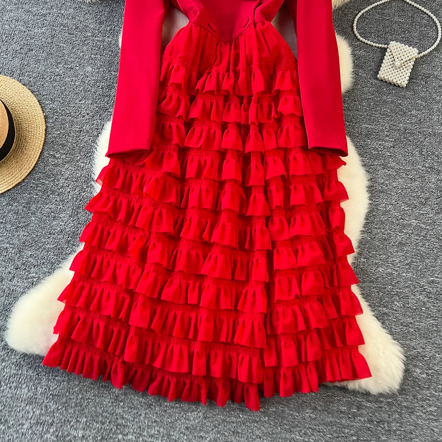 French Vintage Two Pieces Sets Notched lool sleeve mesh sweet A-line Chic PATCHWORK Women Summer dresses