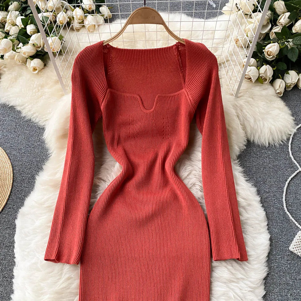 Women Long Sleeve Sexy Bodycon Dress with slit Vintage French Fashion Knit v neck Vestidos Basic Tight Elegant Slim Chic Dresses