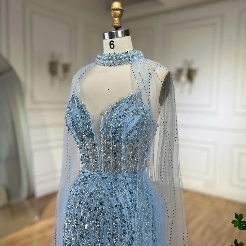 Serene Hill 2024 White Nude Mermaid Wedding Party Dresses with Beaded Feathers Luxury Cape Sleeves Prom Party Gowns LA72047A