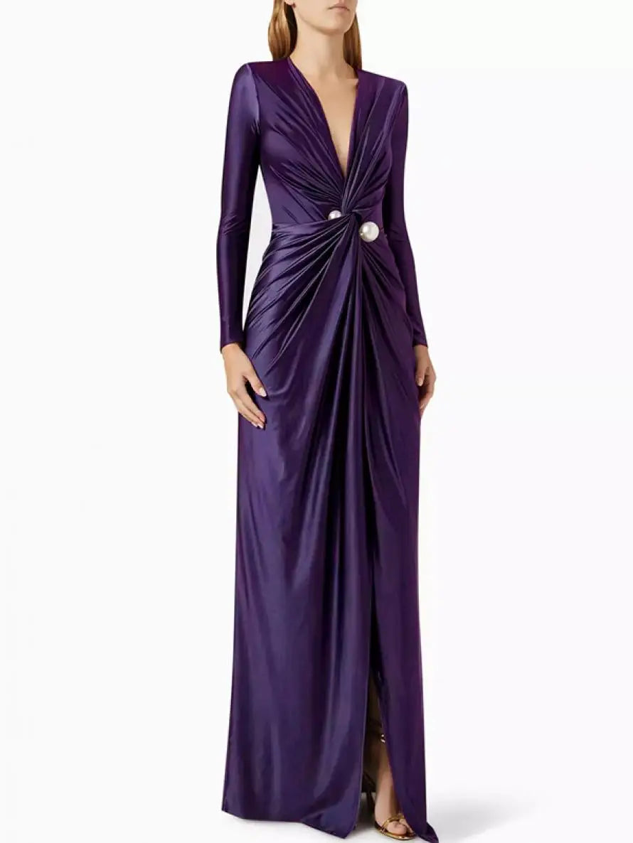 Yeezzi 2024 New Female Tied Waist Deep V-Neck Pleated Prom Banquet Dress Spring Long Sleeves Elegant Party Evening Maxi Dresses