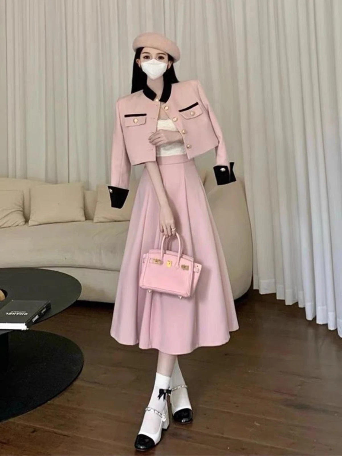 Women’s Elegant Two Piece Set Trendy Chic Sets Single Breasted Cropped Jacket Coat+High Waist Midi A-line Skirts Female Spring