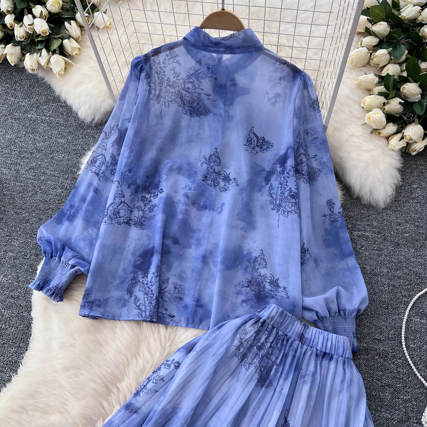 Women Chic Print Sweet Two Pieces Sets Bow Lantern Long Sleeve Top High Waitst Wide Skirt Fashion Summer Sets