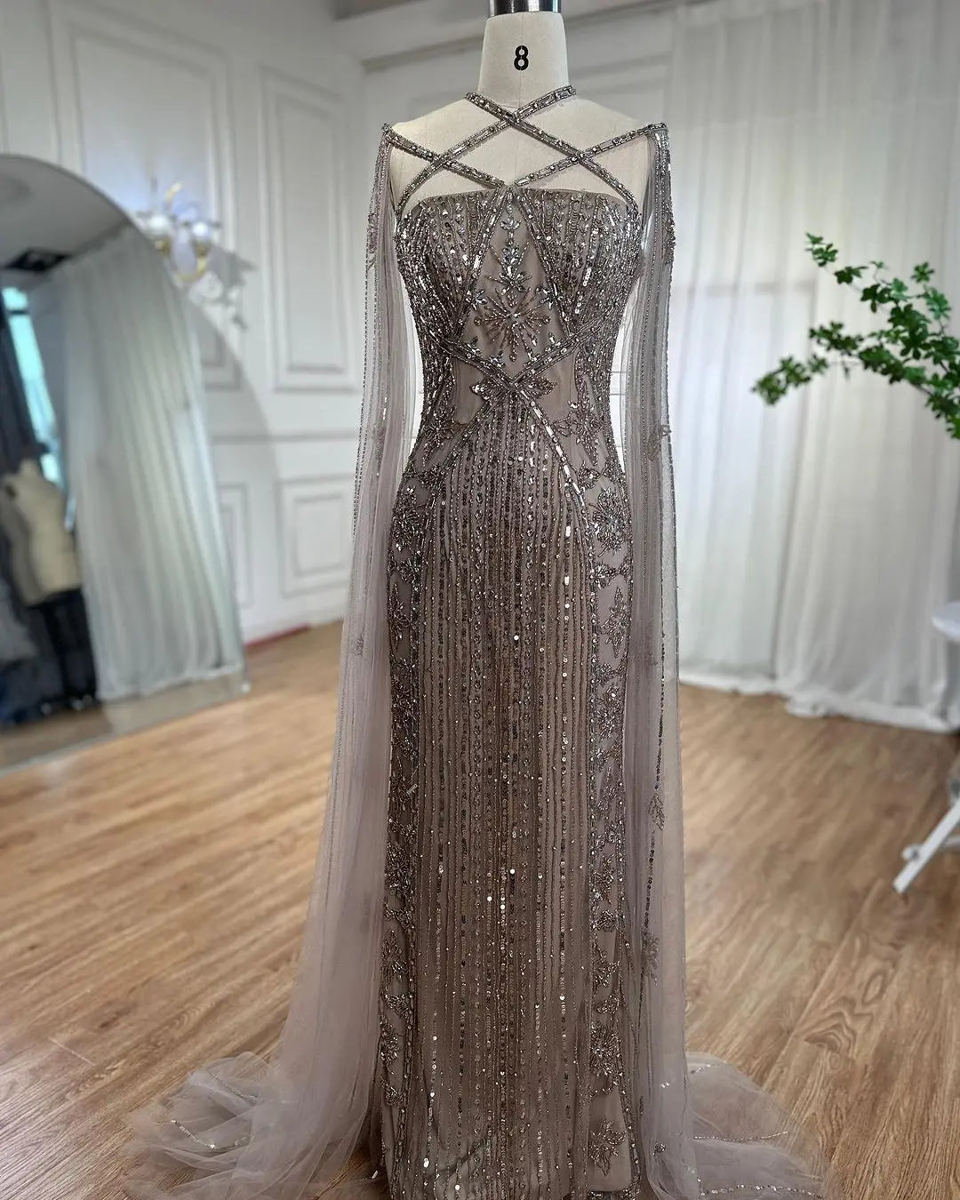 SERENE HILL Arabic Caramel Mermaid Elegant Cape Sleeves Beaded Luxury Evening Dresses 2024 Formal Gown For Women Party GLA71905A