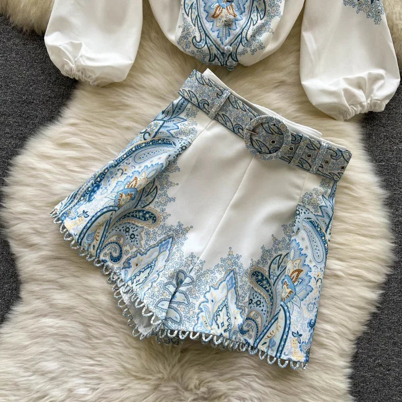 Spring Summer Retro Print Two Piece Set Women Lantern Sleeves Standing Neck Blouse Top+High Waist Wide Leg Shorts Elegant Suits