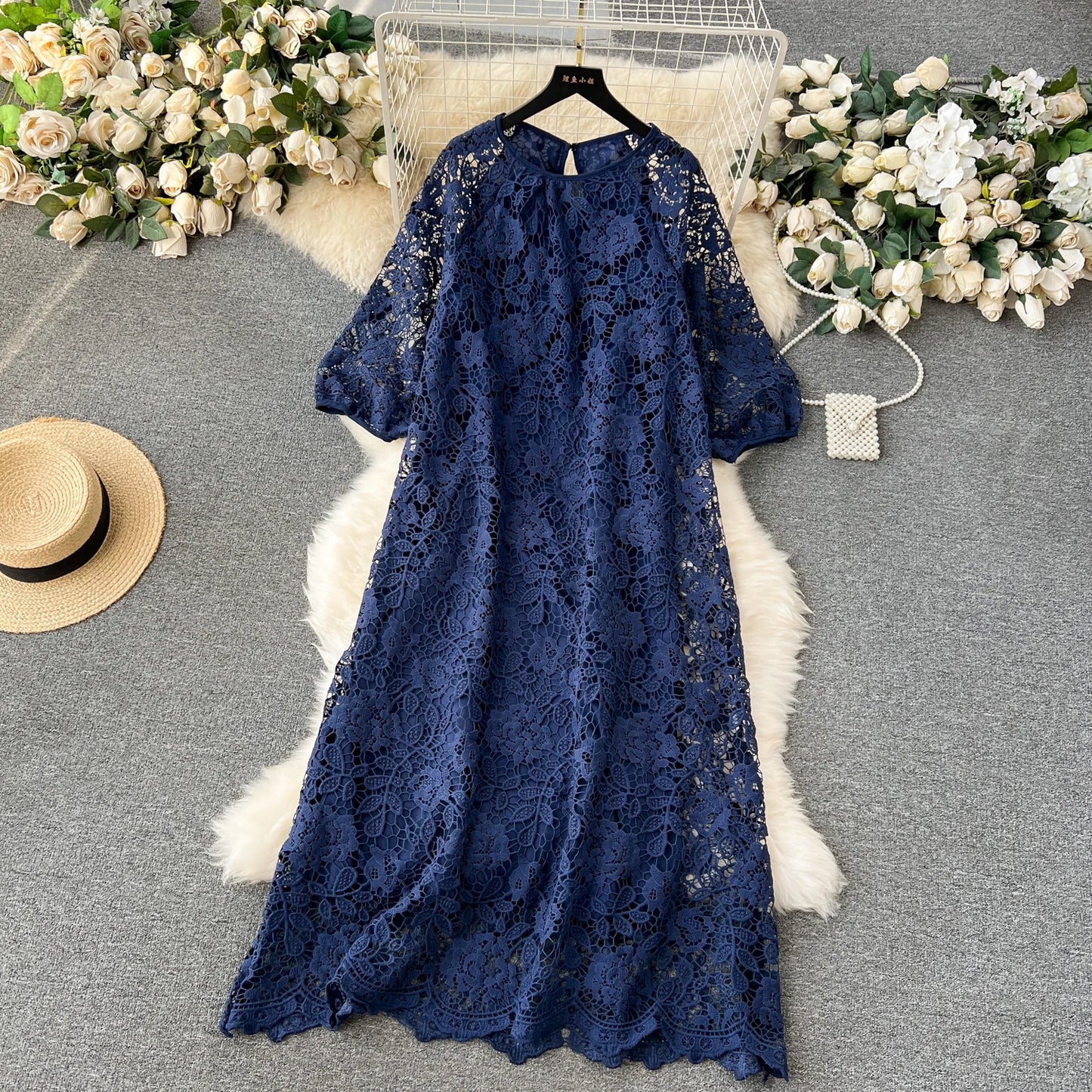 Chic Long Sleeve O Neck Lace Hook Flower Hollow Loose Dress Chiffon A-line Casual Dresses Fashion Women Elegant Vestidos
