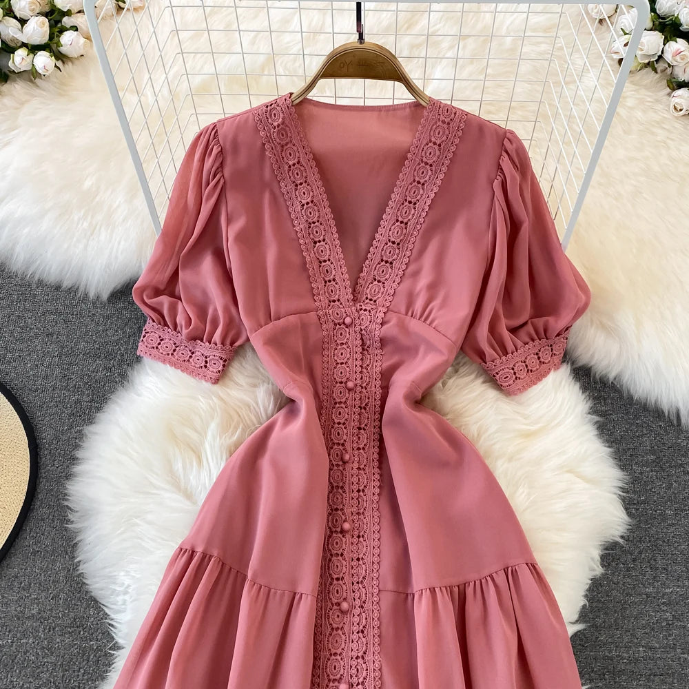 New Women Vintage Party Dress Summer Puff Sleeve Sexy V Neck Lace Single-breasted Long Dresses Ladies A Line Elegant Long Robe