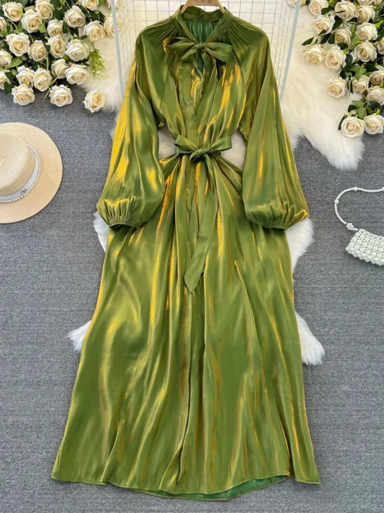 Autumn Elegant Women Fashion Party Long Dress Bow Lace Up Long Sleeve Evening Dresses A-Line Casual Vestidos One Piece Prom Robe