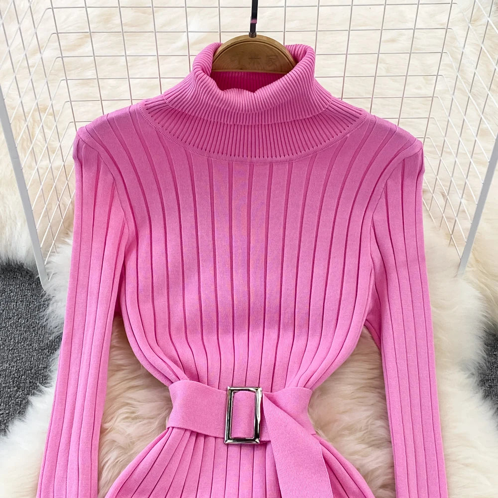 Chic Elegant Turtleneck Long Sleeve Bodycon Dress with Belt Sexy Fashion Knit Vestido Slim Autumn Winter Pencil Sweater Robe