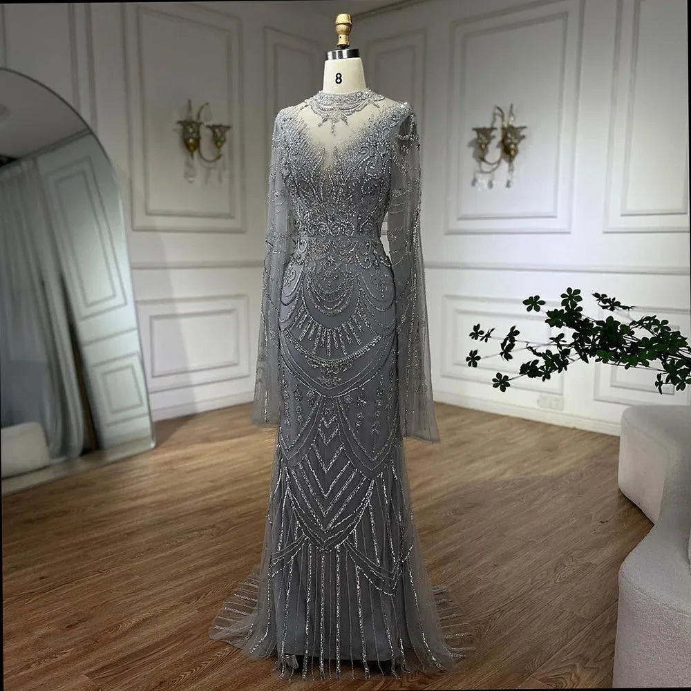 Serene Hill Dubai Gray Elegant Mermaid Beaded Lace Arabic Luxury Evening Dresses Gowns 2024 for Women Wedding Party LA72517