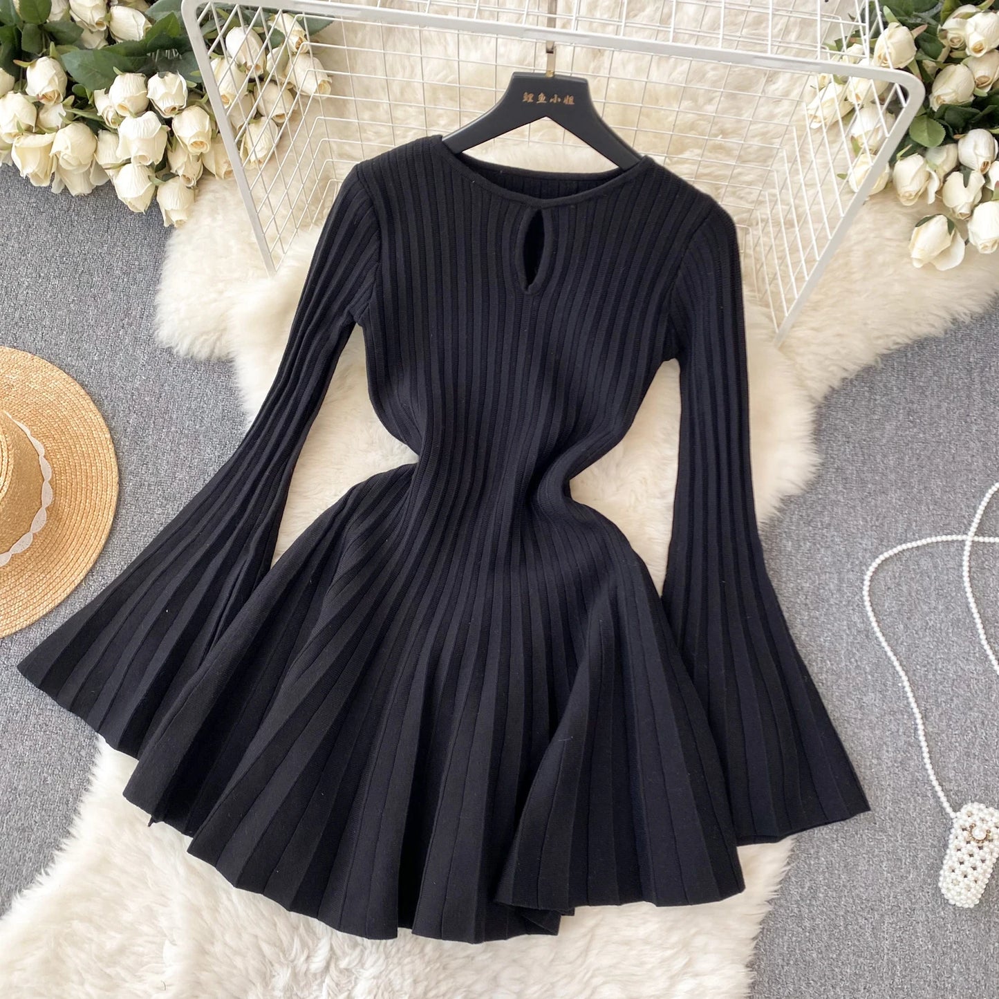 Women Chic Elegant O Neck Long Sleeve Dress French Sexy Fashion Knit Elastic Slim A-line Mini Dress