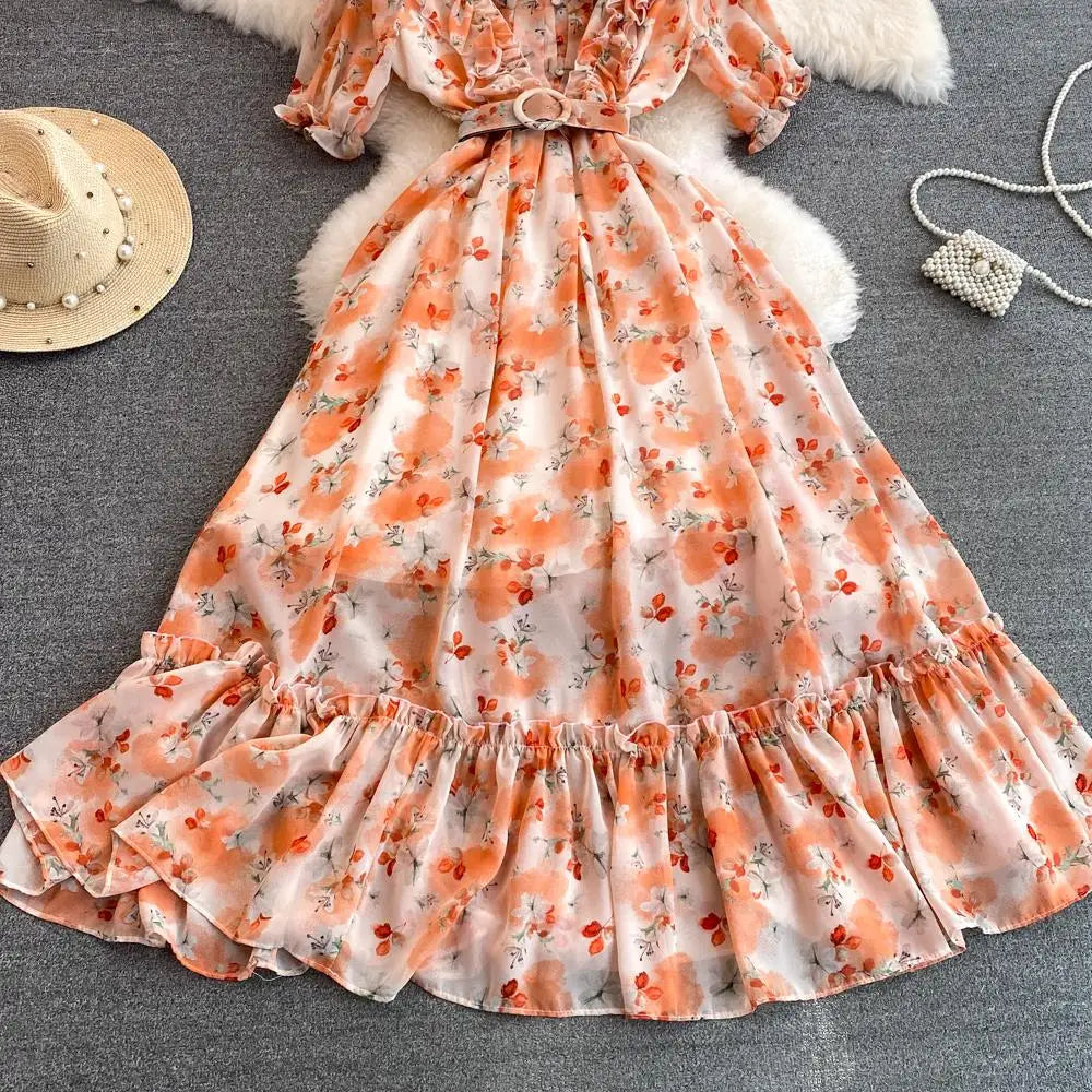 Summer Women Fashion Floral Print Casual Midi Dress Short Sleeve A-Line Maxi Boho Holiday Clothes Female Long Robe Mujers New