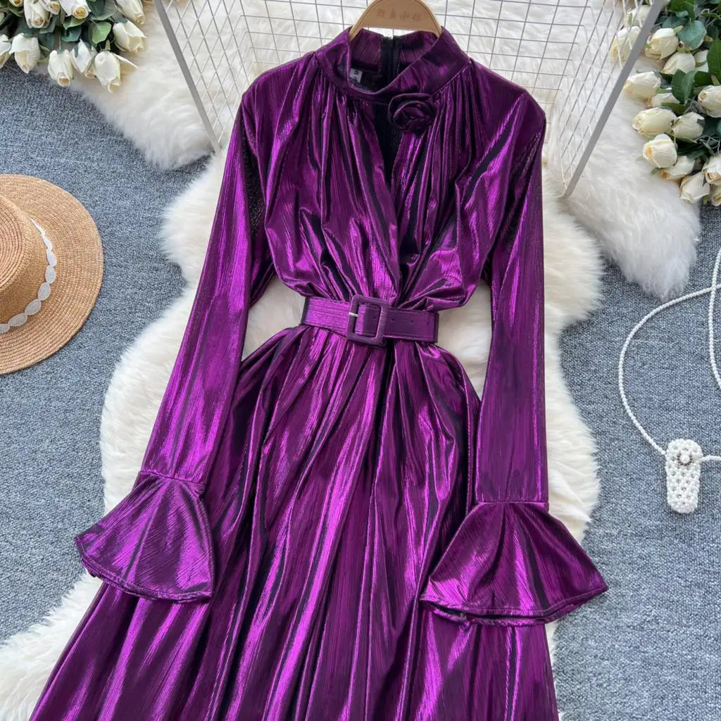 Autumn Vintage Pleated Women Long Dress Elegant Stand Collar Solid A-Line Party Prom Vestidos Female Birthday Clothes Mujers