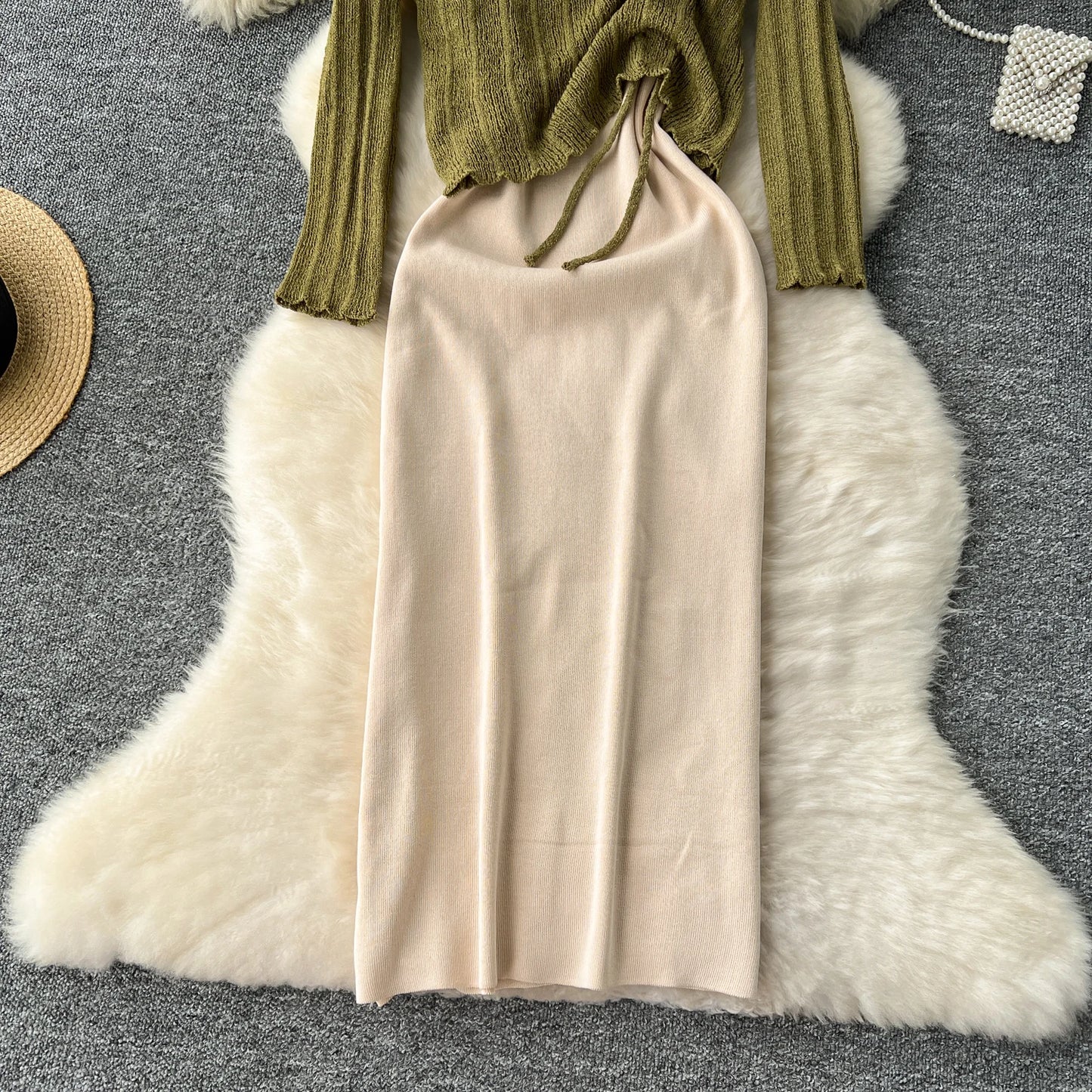 French Vintage Shirring lool sleeve slip knit overcoat with sweet slip A-line Chic Casual Vacation Women Summer dresses