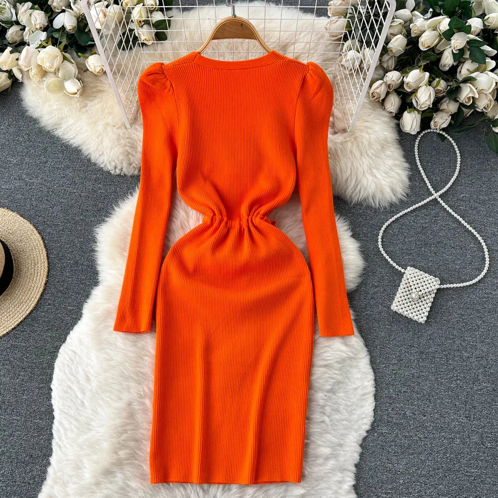 Women Long Sleeve V Neck Sexy Knit Bodycon Dress Chic Vintage Lace Up French Fashion Vestidos Party Elegant Fashion Dresses Y2k