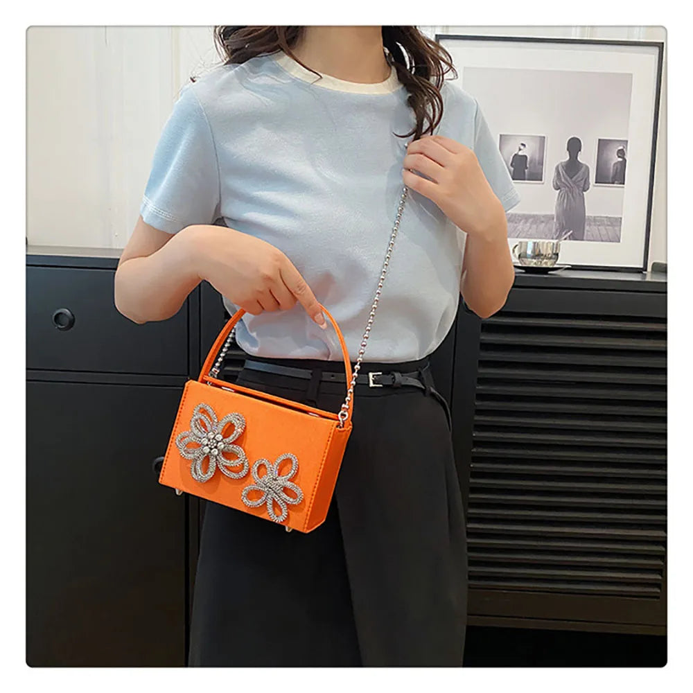 Light Luxury High-Grade Women Chain Crossbody Bag Korean Design Sense Diamond Flower New Pop Handbag Fashion Box Mini Square Bag