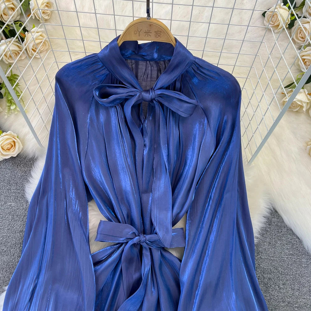 Autumn Elegant Women Fashion Party Long Dress Bow Lace Up Long Sleeve Evening Dresses A-Line Casual Vestidos One Piece Prom Robe