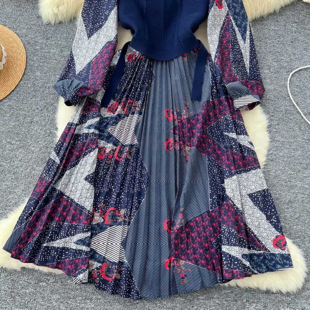 French Vintage Patchwork Print Knitted Dress Elegant and Chic Boho Beach Holiday Dresses A-Line Slim Waist Pleated Vestidos New