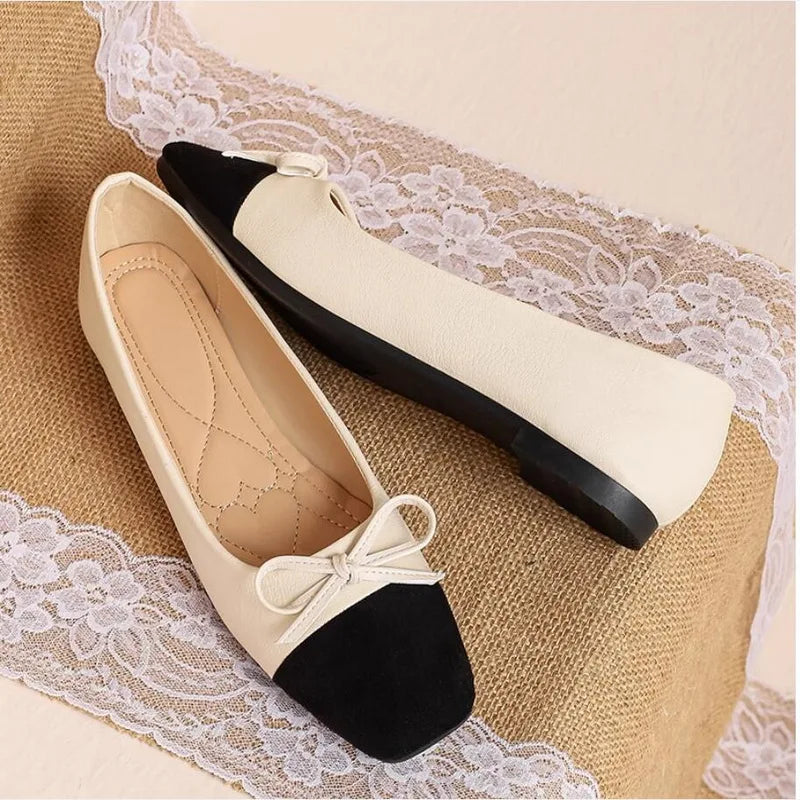 Flat Shoes Women 2024 New Summer Autumn Square Toe small fragrant wind Shallow Mouth Square Bow Ladies Shoes Big Size 44 45 46