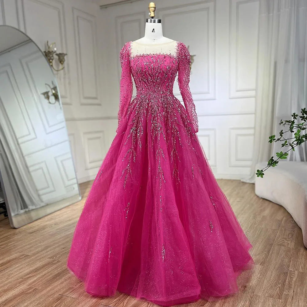 Serene Hill Muslim Pink A Line Beaded Luxury Dubai Long Evening Dresses Gowns 2024 For Woman Wedding Party LA71915