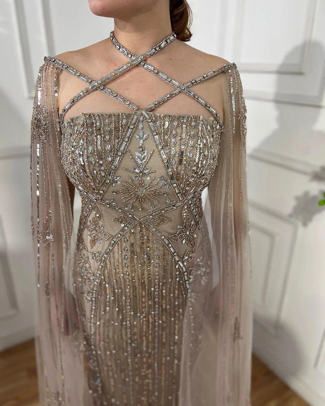 SERENE HILL Arabic Caramel Mermaid Elegant Cape Sleeves Beaded Luxury Evening Dresses 2024 Formal Gown For Women Party GLA71905A