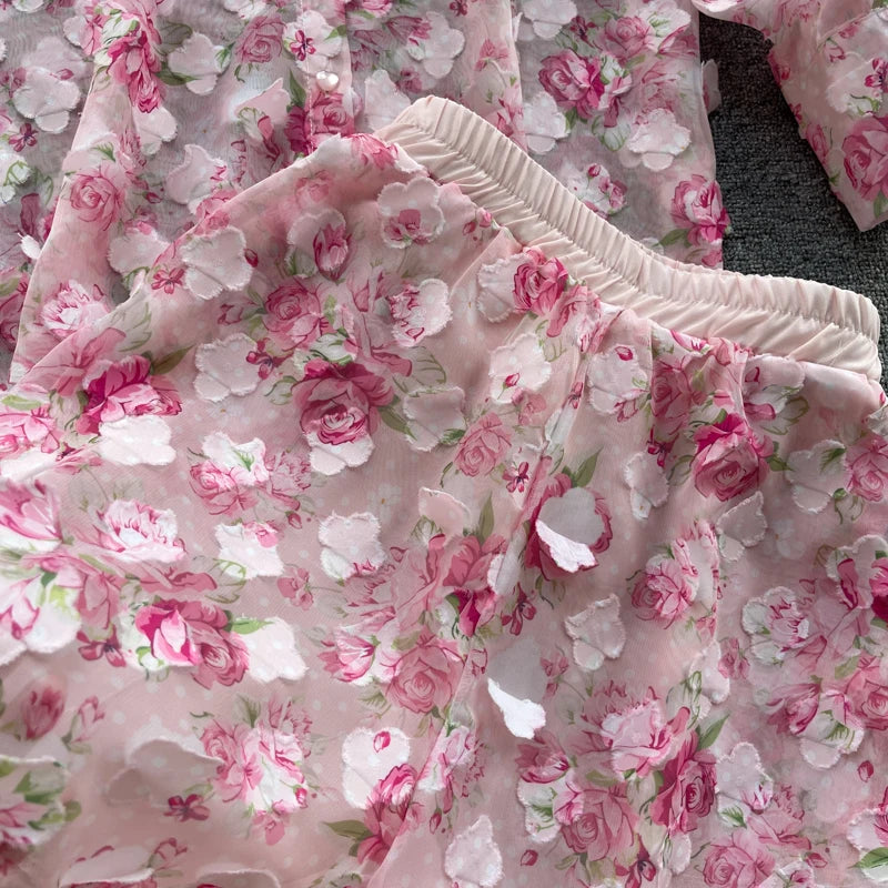 Clothland Sweet Appliqued Floral Blouse Suit Two Piece Pink Set Long Sleeve Shirts Mini Shorts Spring Set TZ228