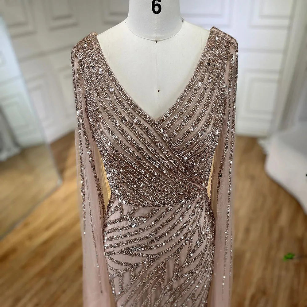SERENE HILL 2024 Arabic Dubai Caramel Mermaid Luxury Beaded Evening Dresses Cape Sleeves Gowns For Women Wedding Party GLA71493A