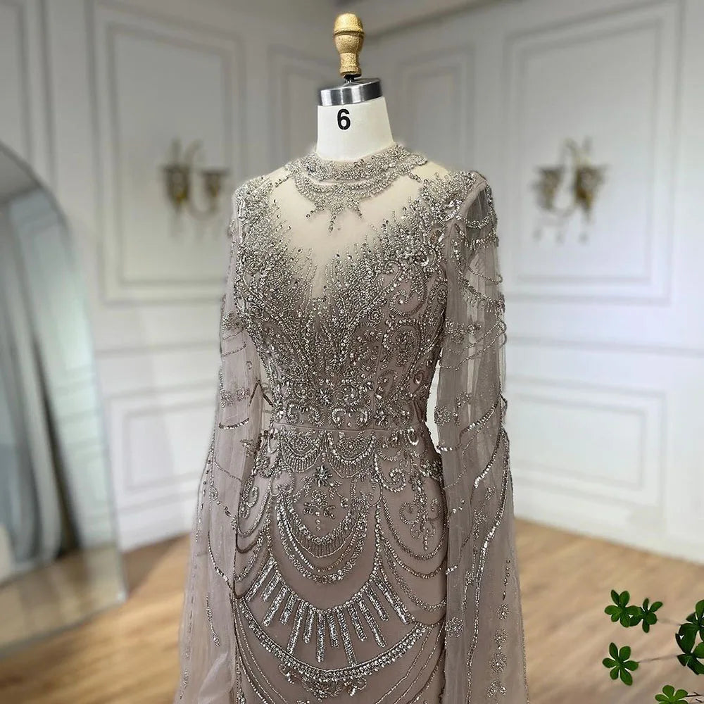 Serene Hill Dubai Gray Elegant Mermaid Beaded Lace Arabic Luxury Evening Dresses Gowns 2024 for Women Wedding Party LA72517