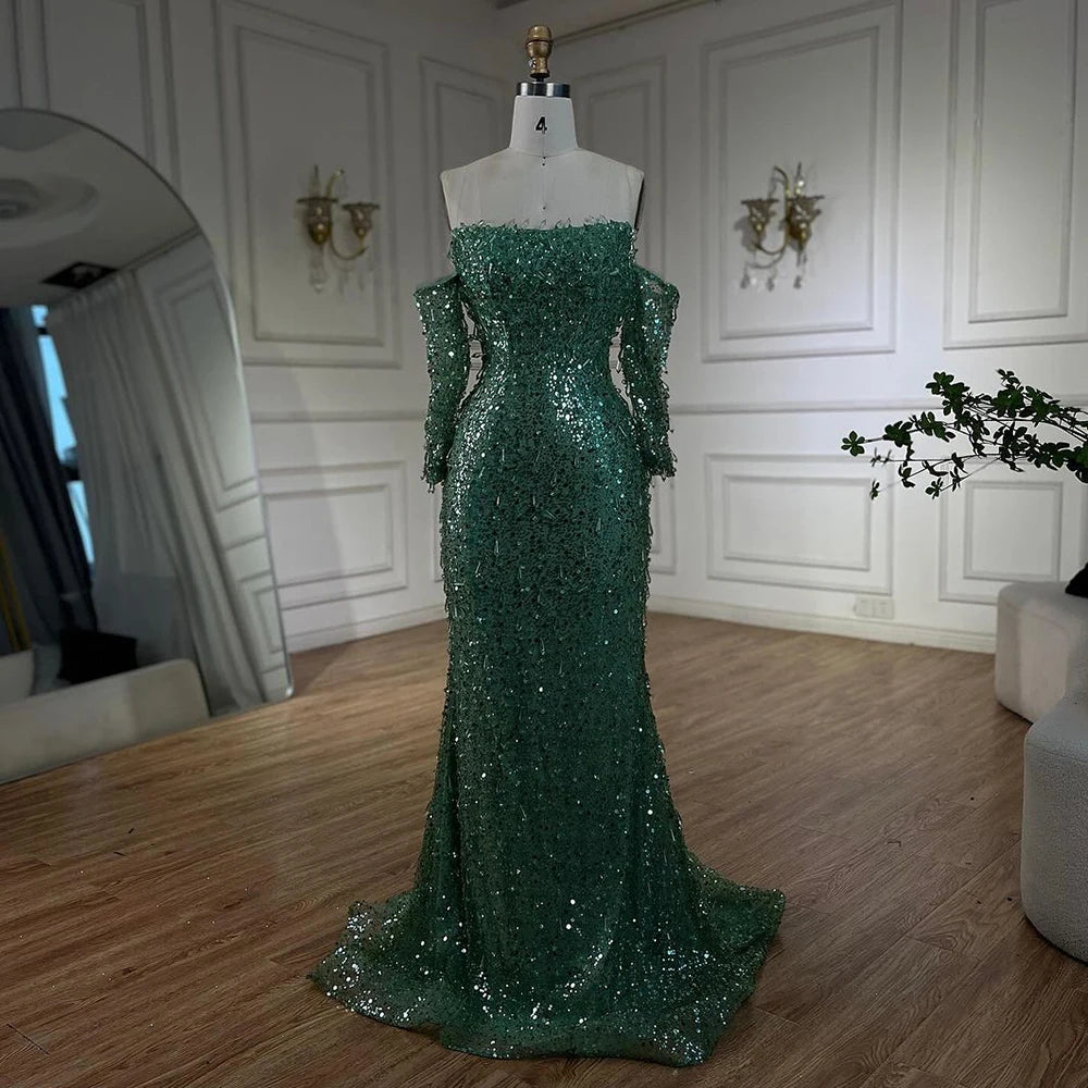 Serene Hill Arabia Orange Mermaid Strapless Luxury Beaded Crystal Evening Dresses Gowns for Women Wedding Party 2024 LA72402