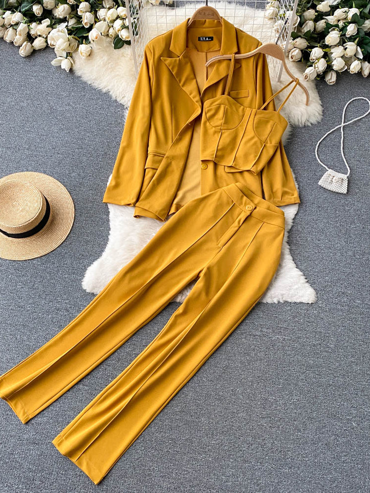 Women Elegant Blazer Three Piece Sets Sexy Tank Tops Loose Jacket and Slim High Waisted Long Pants Suits Woman Outfits