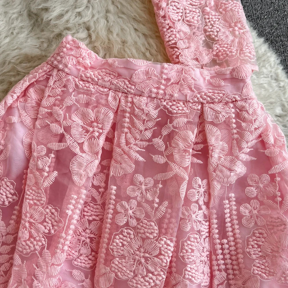 High Quality Floral Embroidery Two Piece Sets Women Suits Elegant OL Long Sleeve Shirt Mid Skirts 2 Piece Outfits Female