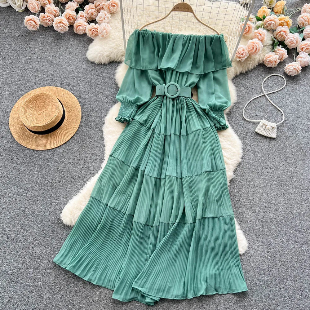 Vintage Pleated Slash Neck Off Shoulder High Waist Dress Long Sleeve Dress Chic Summer Beach Vestidos Women Vacation Sundress