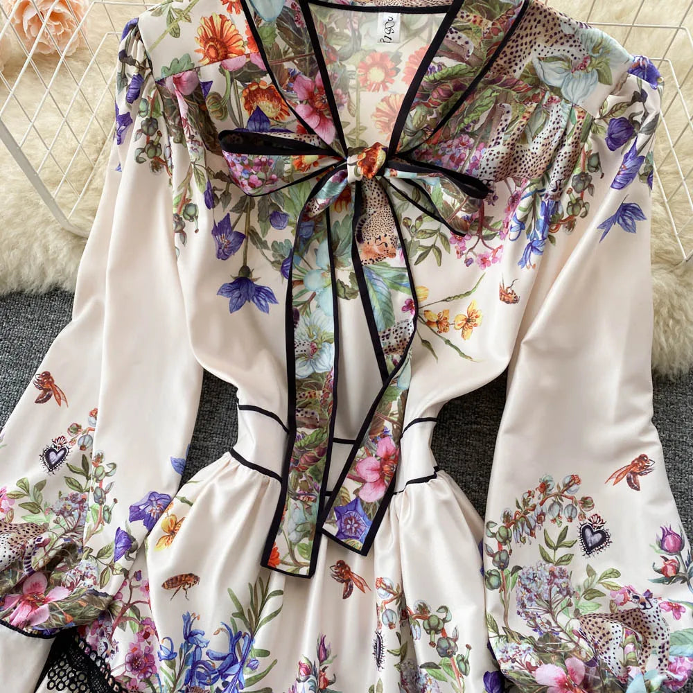 Vintage Elegant Long Dress Women Slim Floral Printed Party Dresses Tie Bow Elastic Waist Lantern Long Sleeve Long Robe Vestidos