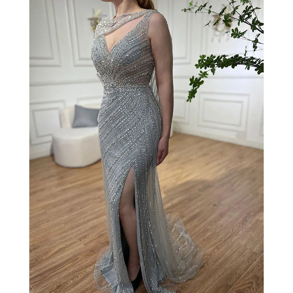 Luxury Champagne Split Evening Dresses 2024 Diamond Beaded Sleeveless Mermaid Formal Serene Hill LA70301