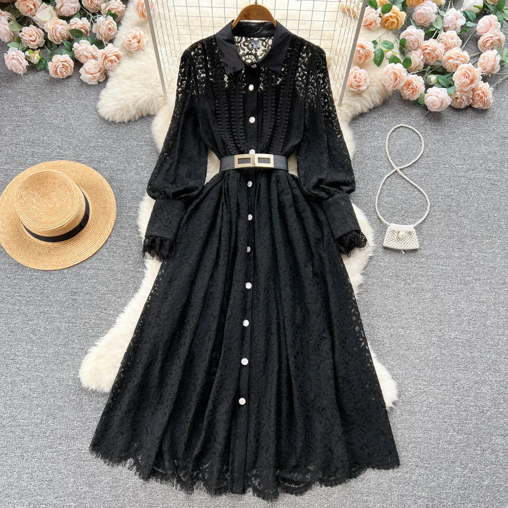 Elegant Chic Lace Hook Flower Hollow Long Sleeve Lapel Dress Party A-line Vestidos High Waist Basic Women Autumn Winter Dress