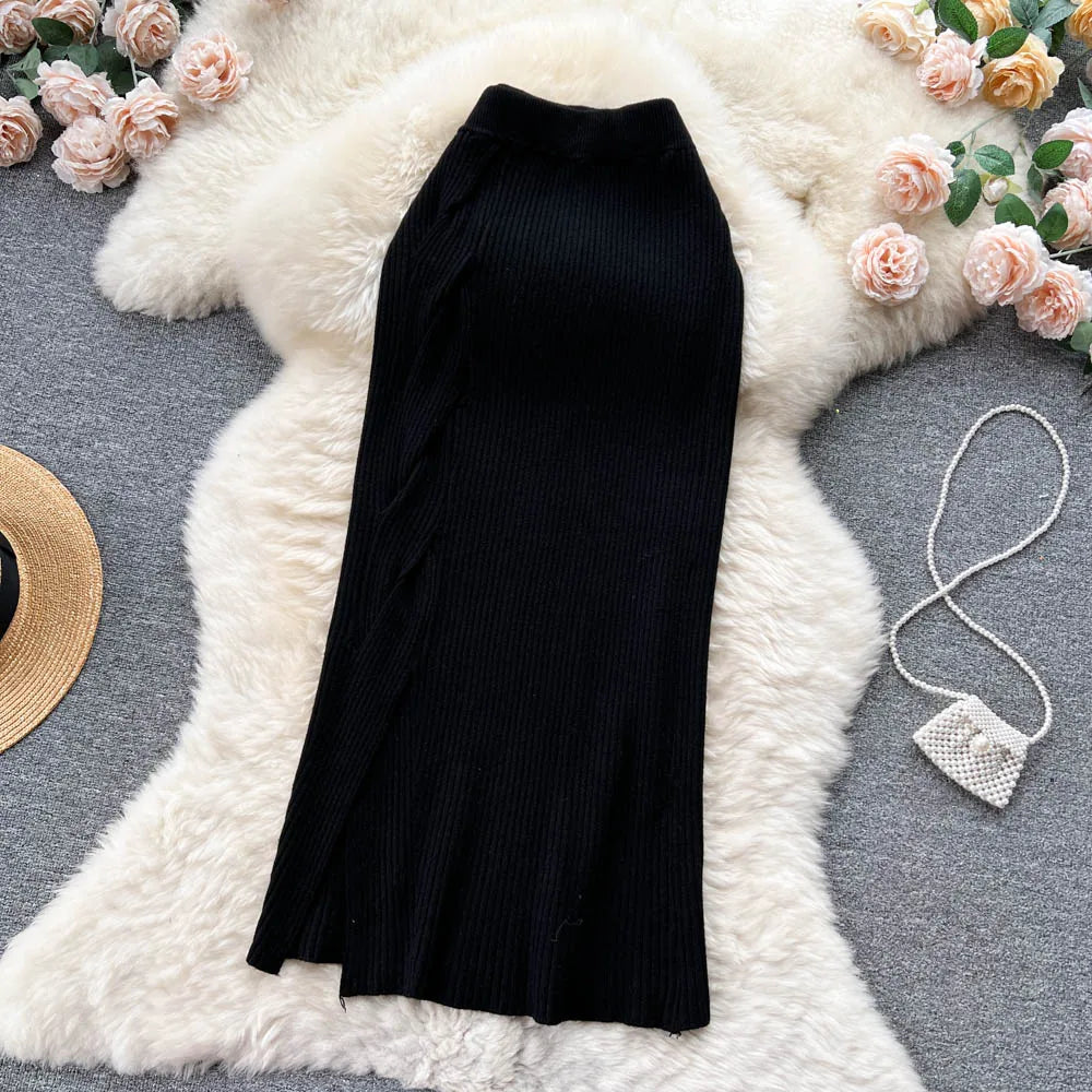 Women Elegant Chic Split Sexy Skirt Elastic Knit High Waist Fashion Vintage Pencil Skirt Black White Spring Autumn Clothing