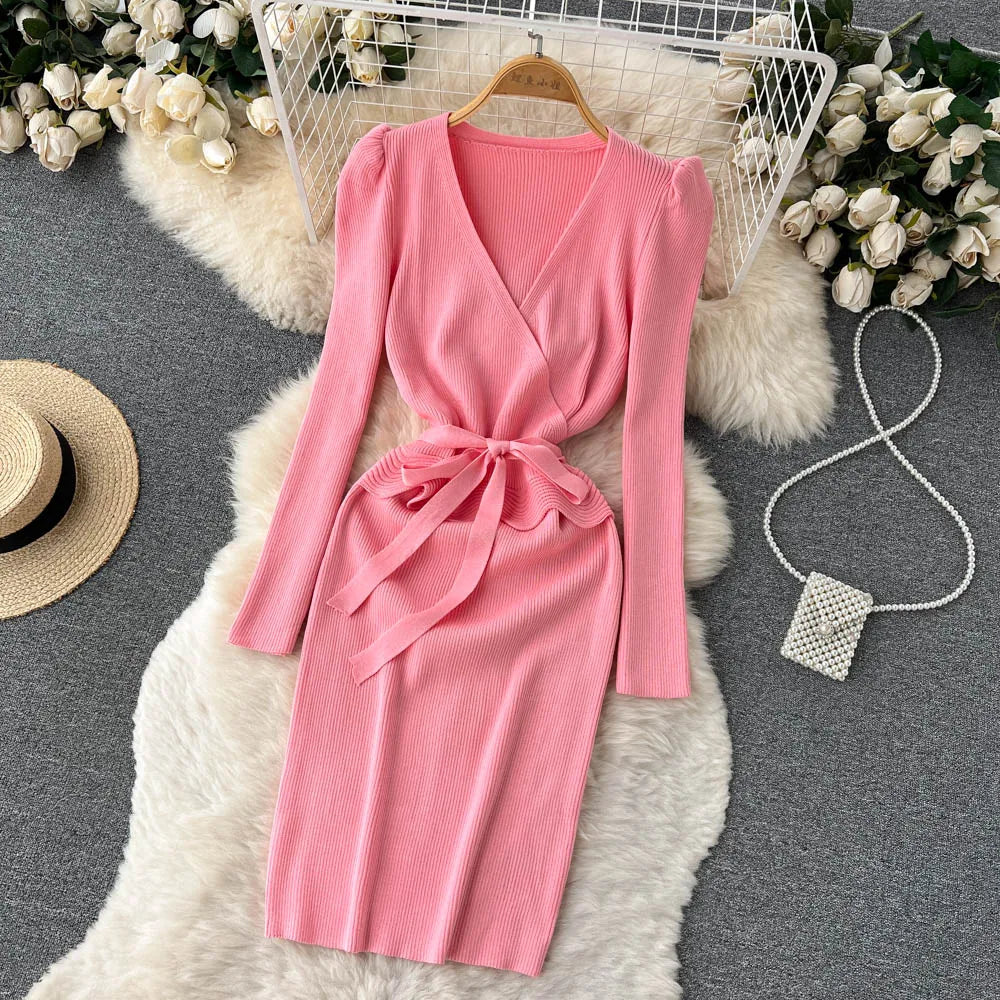 Women Long Sleeve V Neck Sexy Knit Bodycon Dress Chic Vintage Lace Up French Fashion Vestidos Party Elegant Fashion Dresses Y2k