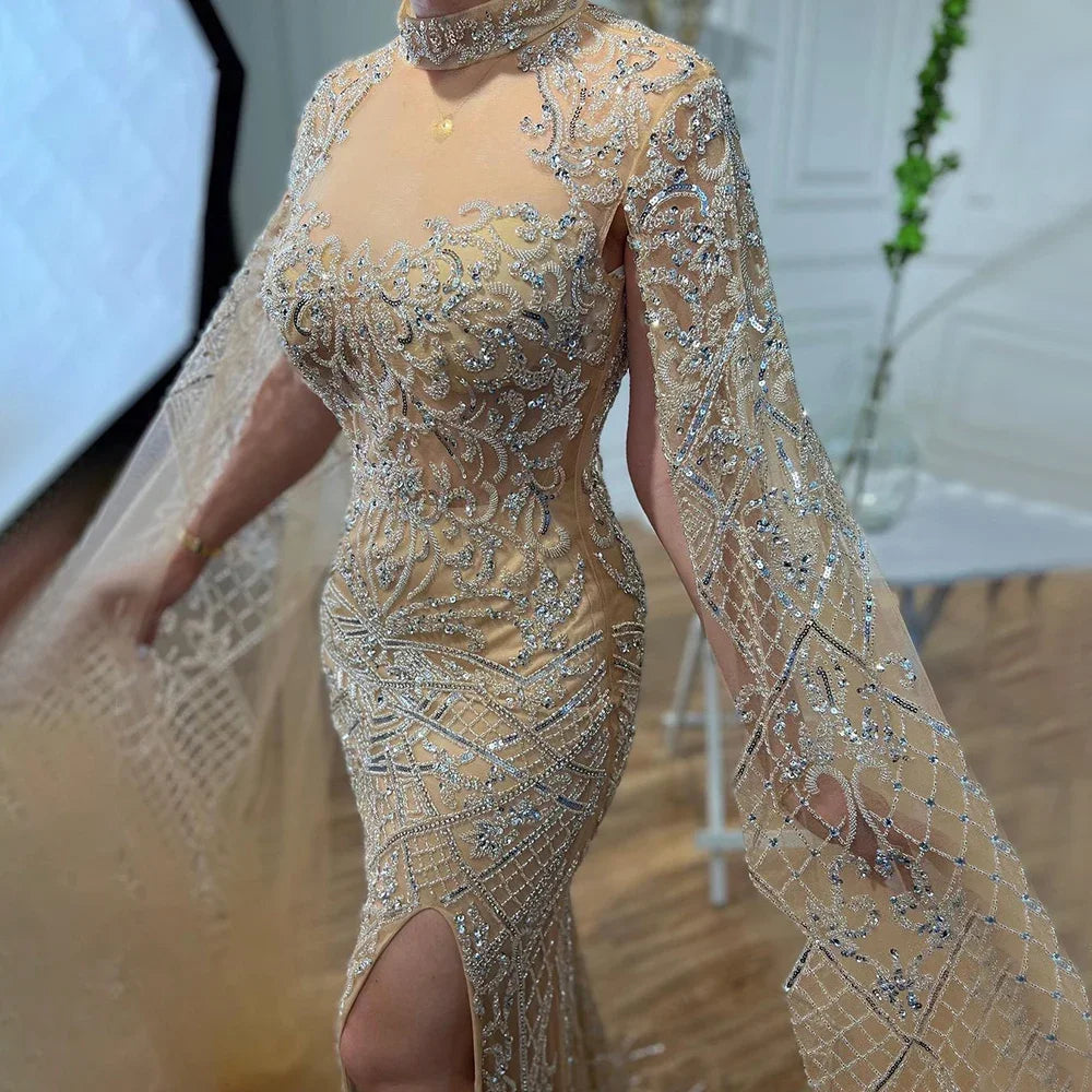 Serene Hill Nude Mermaid Elegant Sexy High Collar Cape Sleeves Luxury Beaded Evening Dresses Gowns 2024 For Women Party GLA71747