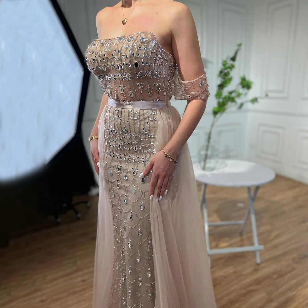Serene Hill Arabic Caramel Mermaid Strapless With Overskirt Beaded Evening Dresses For Women Wedding Party 2024 LA71922